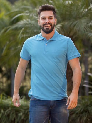 Camisa Polo Masculina Adulto Manga Curta com Bolso Lisa 7629 Sigosta Azul Claro
