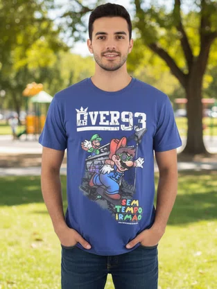 Camiseta Manga Curta Masculina Adulto Estampa Mario e Luigi 124211049 Over Marinho