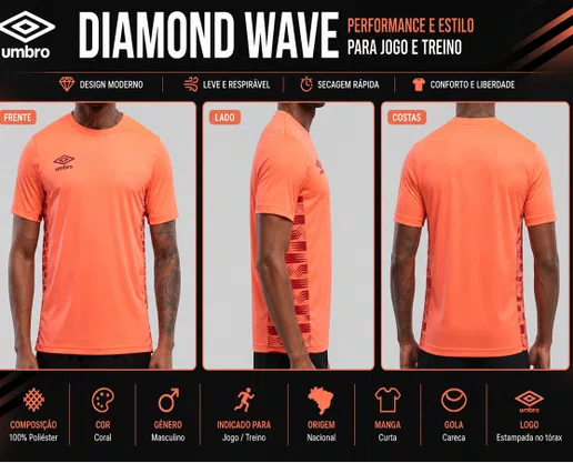 Camiseta Manga Curta Masculina Diamond Wave U11TW123 Umbro Coral