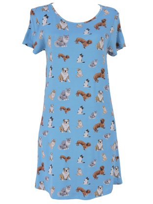 Camisola Manga Curta Feminina De Malha Estampa Cachorro E Gato V506M Vila Flor Azul