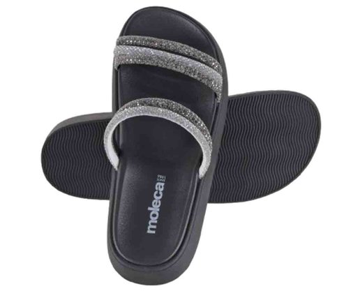 Chinelo Slide Feminino Adulto Tiras com strass 5469.135 Moleca Branco/Preto