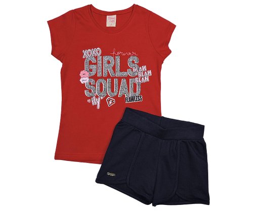 Conjunto Feminino Infantil 4-10 Blusa e Shorts Estampa Girl 6230 Brincar e Arte Vermelho