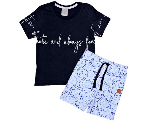 Conjunto Masculino Infantil 1-3 Camiseta e Bermuda Estampa Folhas 1000074122 Carinhoso Azul e Branco