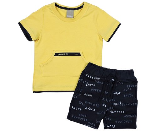 Conjunto Masculino Infantil 1-3 Camiseta Manga Curta e Bermuda 1000073792 Carinhoso Amarelo e Marinho