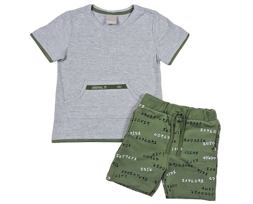 Conjunto Masculino Infantil 1-3 Camiseta Manga Curta e Bermuda 1000073792 Carinhoso Cinza e Verde