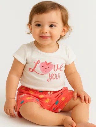 Conjunto Blusa e Shorts Feminino Bebê 26848 Brandili Off White e Rosa