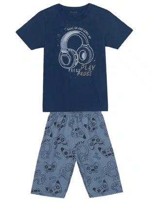 Conjunto Camiseta e Bermuda Game Masculino Infantil 4/10  26688 Brandili Marinho e Azul