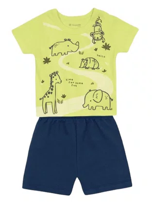 Conjunto Camiseta e Bermuda Masculino Bebê P/G 26842 Brandili Verde Limão e Marinho