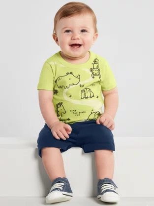 Conjunto Camiseta e Bermuda Masculino Bebê P/G 26842 Brandili Verde Limão e Marinho