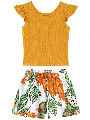 Conjunto Cropped e Shorts Feminino Infantil  4/8 Estampado 6000271 Nanai Amarelo e Branco