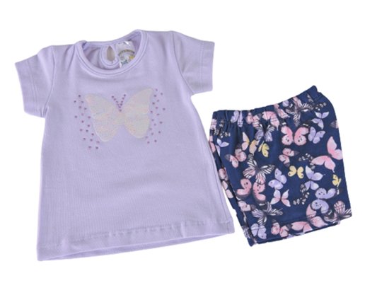 Conjunto Curto Feminino Bebê Blusa E Shorts Estampa Borboletas 667 Baby Couture Lilás E Marinho