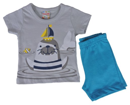 Conjunto Curto Mascuino Bebê Camiseta E Bermuda Com Estampa Foca 35309 Brandili Cinza E Azul