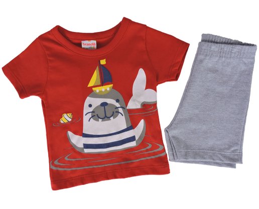 Conjunto Curto Masculino Bebê Camiseta E Bermuda Com Estampa Foca 35309 Brandili Vermelho E Mescla