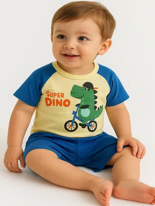 Conjunto Curto Masculino Bebê Camiseta E Shorts Estampa Super Dino 719 Tacadu Amarelo E Azul