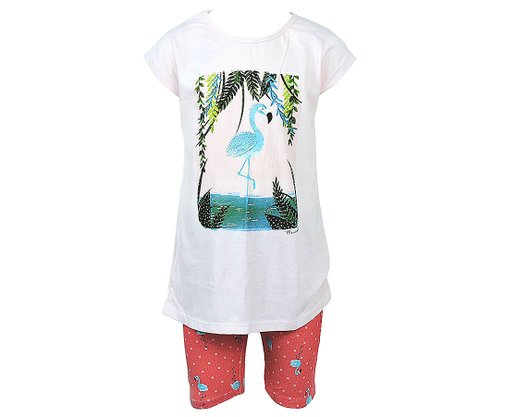 Conjunto Infantil Feminina Menina 4-8 Blusa Manga Curta e Bermuda Ciclista Estampa Flamingo 10312908 Marisol Rosa e Vermelho