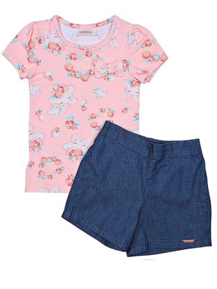Conjunto Feminino Infantil 1-3 Blusa e Shorts Estampa Estrela 1000073692 Carinhoso Rose e Jeans