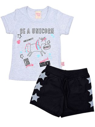 Conjunto Feminino Infantil 1-3 Blusa e Shorts Estampa Unicórnio 6198 Brincar e Arte Mescla Escuro