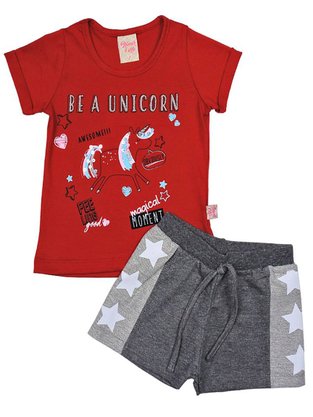 Conjunto Feminino Infantil 1-3 Blusa e Shorts Estampa Unicórnio 6198 Brincar e Arte Vermelho