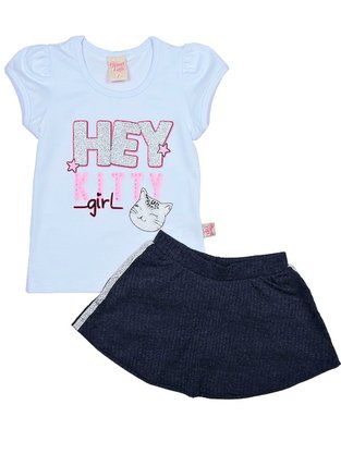 Conjunto Feminino Infantil 1-3 Blusa e Shorts Saia Estampa Kitty 6175 Brincar e Arte Branco