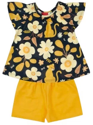 Conjunto Feminino Infantil 1/3 Onça Flores 1001012 Kyly Marinho e Amarelo