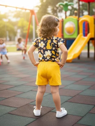 Conjunto Feminino Infantil 1/3 Onça Flores 1001012 Kyly Marinho e Amarelo