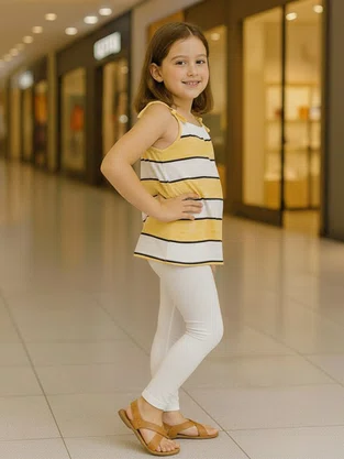 Conjunto Feminino Infantil 4-8 Blusa de Alça Listrada e Calça 1000047677 Carinhoso Amarelo e Branco