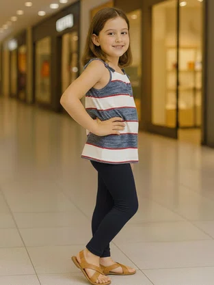 Conjunto Feminino Infantil 4-8 Blusa de Alça Listrada e Calça 1000047677 Carinhoso Marinho e Branco