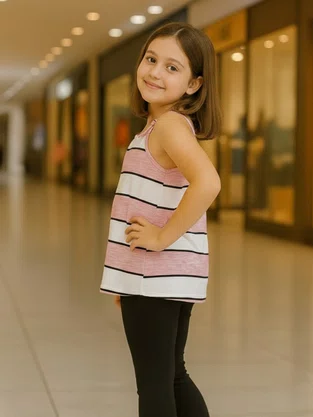 Conjunto Feminino Infantil 4-8 Blusa de Alça Listrada e Calça 1000047677 Carinhoso Rosa e Preto
