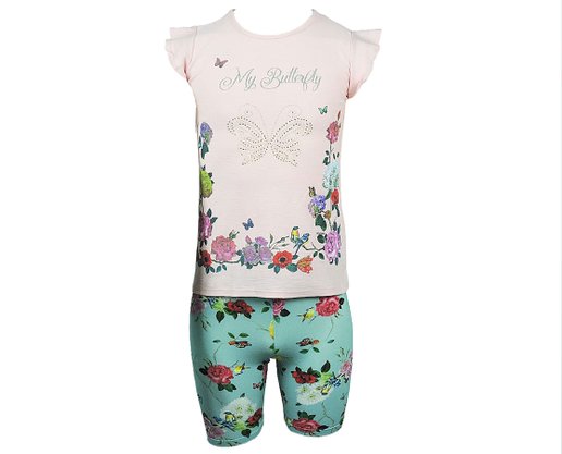 Conjunto Feminino Infantil 4-8 Blusa Manga Curta e Bermuda Estampa Borboleta 10312923 Marisol Rosa e Verde