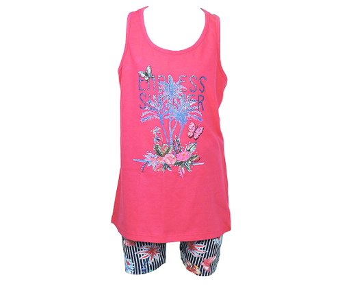 Conjunto Infantil Feminino 4-8 Blusa Regata e Bermuda Ciclista Estampa Borboleta 10312794 Marisol Rosa e Azul