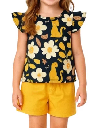Conjunto Feminino Infantil 4/8 Onça Flores 1001012 Kyly Marinho e Amarelo