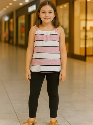 Conjunto Feminino Juvenil 10-16 Blusa de Alça Listrada e Calça 1000047677 Carinhoso Rosa e Preto