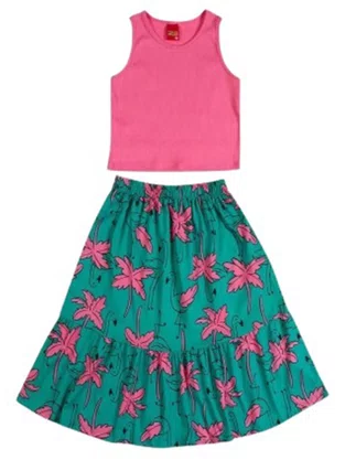 Conjunto Feminino Juvenil 10/16  Flamingos 1001046 Kyly Rosa e Verde