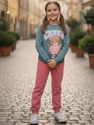 Conjunto Infantil Feminino 4-10 Ursa Com Glitter 56043 Brandili Verde e Rosa Conjunto Infantil Feminino 4-10 Ursa Com Glitter 56043 Brandili Verde e Rosa