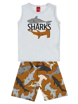 Conjunto Masculino Infantil 1/3 Tubarão 1001079 Kyly Branco e Marrom