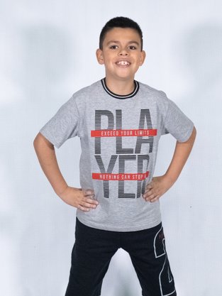 Conjunto Masculino Infantil Camiseta-Bermuda 10-16 110076 Kyly Cinza e Preto