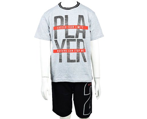 Conjunto Masculino Infantil Camiseta-Bermuda 10-16 110076 Kyly Cinza e Preto