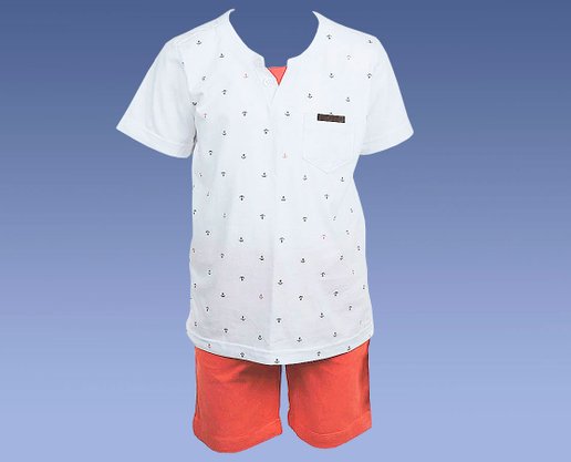 Conjunto Masculino Infantil Manga Curta Camiseta-Bermuda Tamanho 4-8  1000047791 Carinhoso Branco e Coral