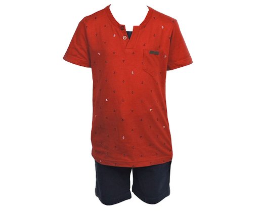 Conjunto Masculino Infantil 4-8 Camiseta Manga Curta Com Bolso e Bermuda 1000047791 Carinhoso Vermelho e Marinho
