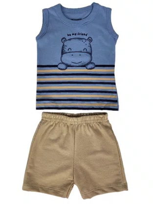 Conjunto Regata e Bermuda Masculino Bebê P/G 26839 Brandili Azul e Bege