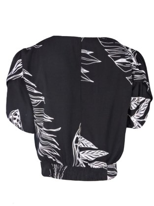 Cropped Manga Curta Viscose Estampado Feminino 23.03.0079 Mosaico Preto