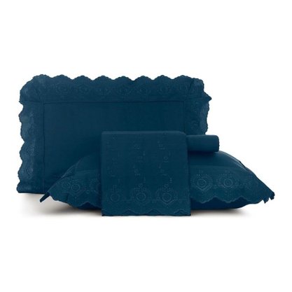 Jogo De Lençol 300 Fios Queen Bordados Em Cetim 4 Peças  2,50 X 2,50 Altenburg Azul Petróleo