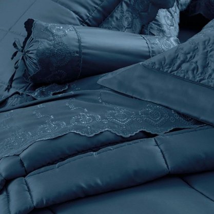 Jogo De Lençol 300 Fios Queen Bordados Em Cetim 4 Peças  2,50 X 2,50 Altenburg Azul Petróleo