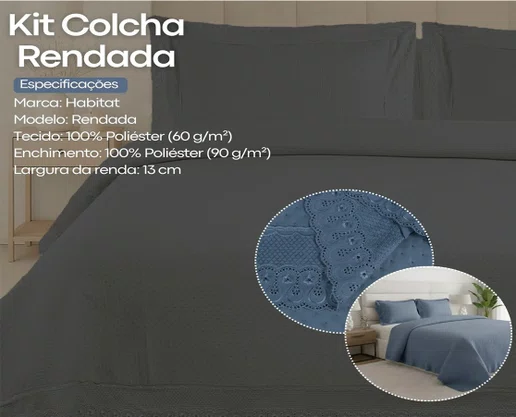 Kit Colcha Casal 2,20x2,40 Flora Renda Habitat Azul