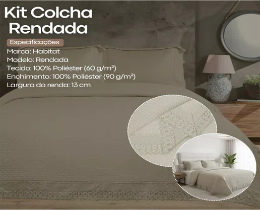 Kit Colcha Casal 2,20x2,40 Flora Renda Habitat Bege