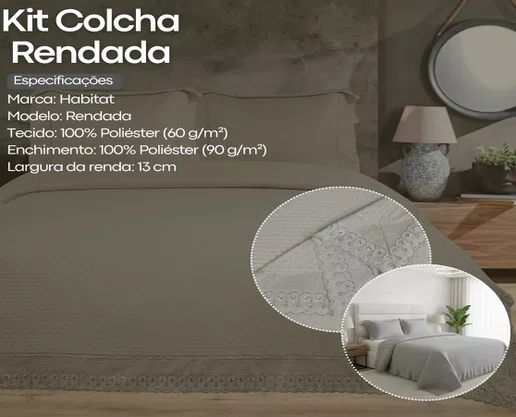Kit Colcha Casal 2,20x2,40 Flora Renda Habitat Cinza