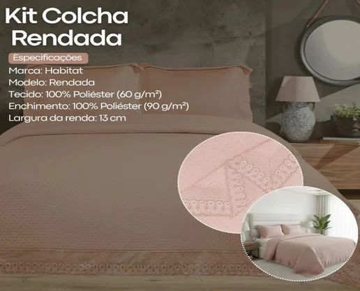 Kit Colcha Casal 2,20x2,40 Flora Renda Habitat Rosa