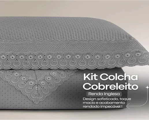 Kit Colcha Queen 2,40x2,60 Flora Renda Habitat Cinza