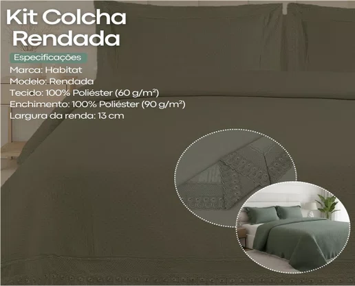 Kit Colcha Queen 2,40x2,60 Flora Renda Habitat Verde
