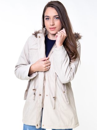 Parka De Sarja Feminino Adulto Com Capuz  Detalhe De Pelo  PFS103 Proxy Bege